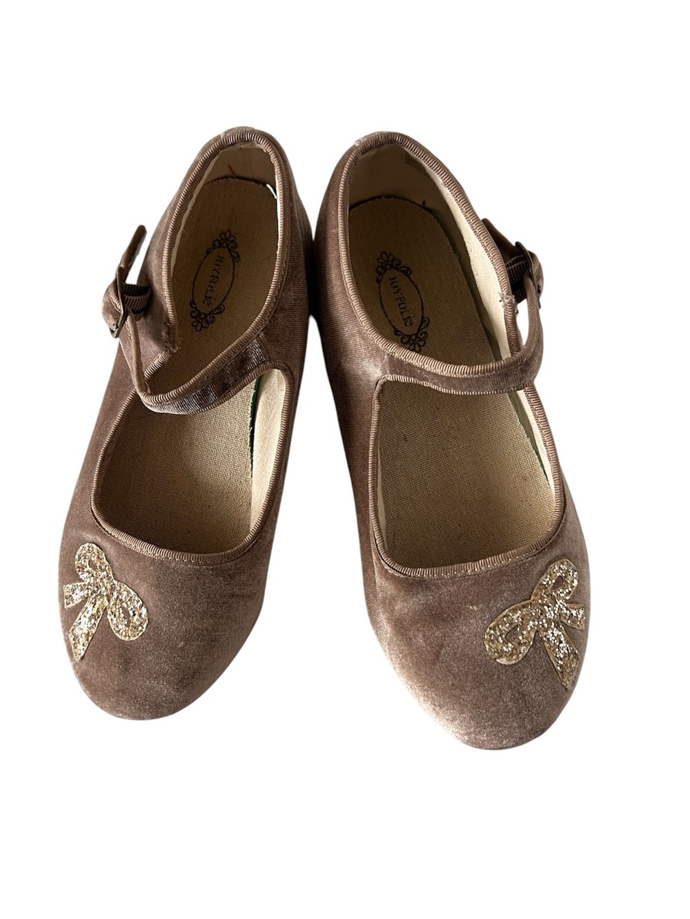 Joyfolie Girls Velvet Mary Janes with Gold Glitter Bow - Brown